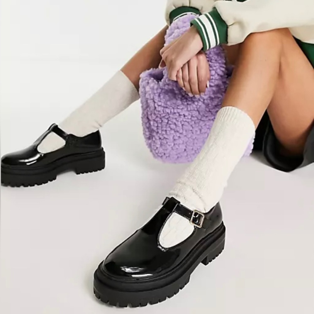 Size UK8/US10 ASOS RAID Boston Mary Jane Platforms Black Patent Faux Leather.